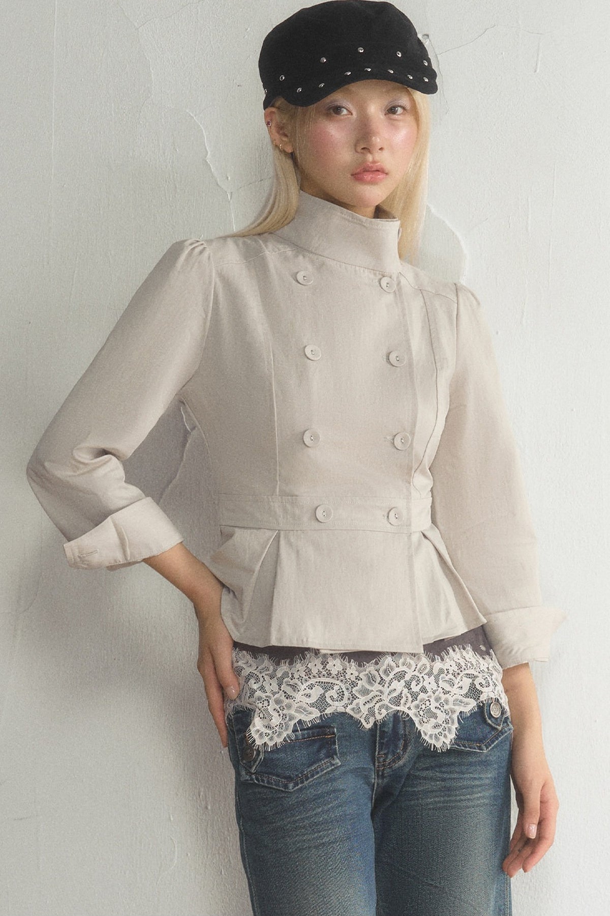 Stand Collar Double-Breasted Ruffled Hem Jacket