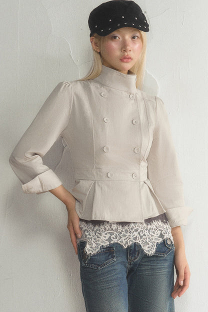 Stand Collar Double-Breasted Ruffled Hem Jacket