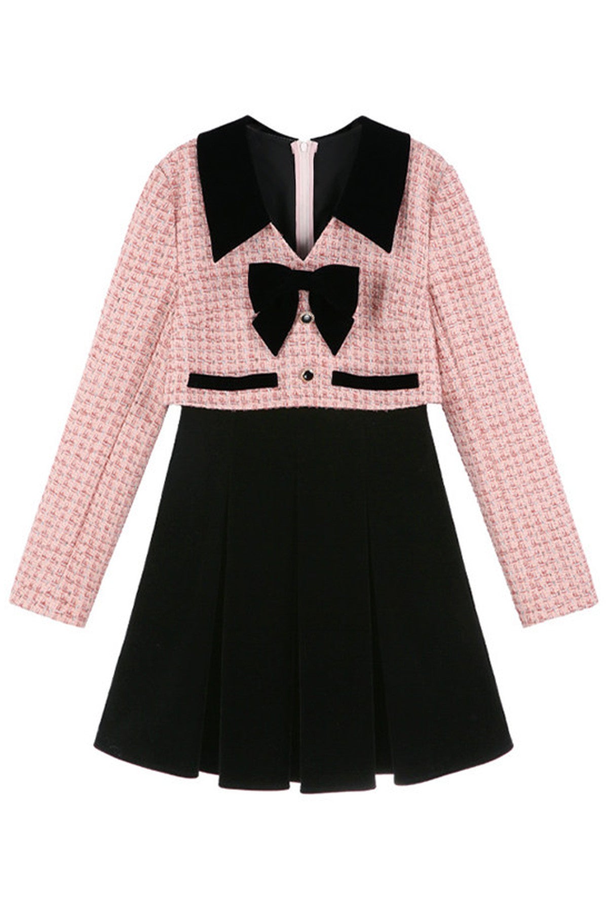 Pink Bow Layered-Look Tweed Dress