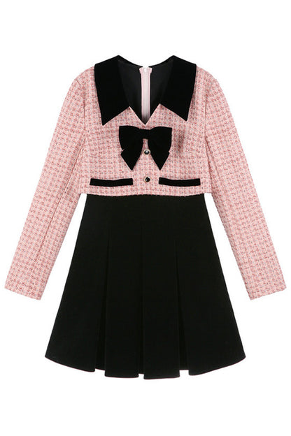 Pink Bow Layered-Look Tweed Dress