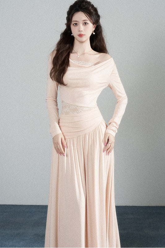 Pink Drape Neck Knit Long Dress