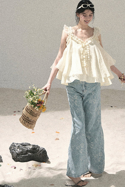 French Ruffled V-Neck Blouse