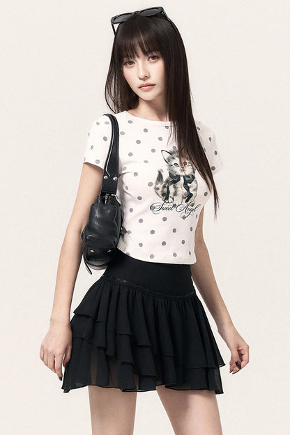 Cat Print Polka Dot Top Pants and Skirt Set-Up