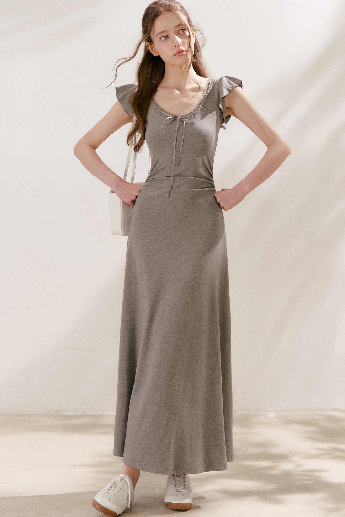 Bow Tie V-Neck Flutter Sleeve Maxi Dress