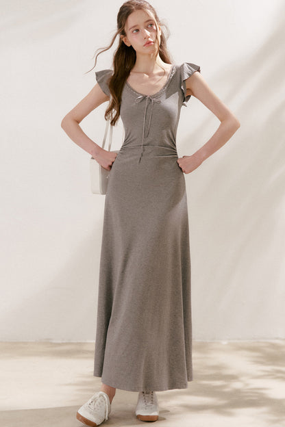 Bow Tie V-Neck Flutter Sleeve Maxi Dress