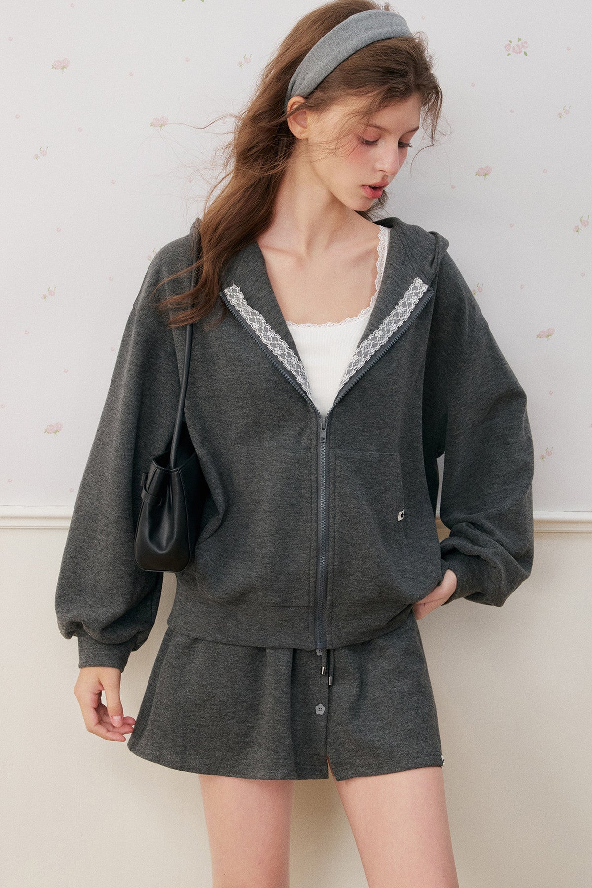 Lace Trim Hoodie And A-Line Skirt Set-Up