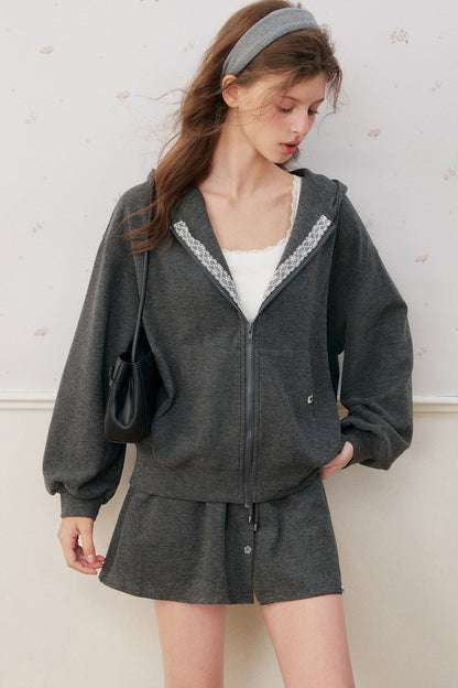 Lace Trim Hoodie And A-Line Skirt Set-Up