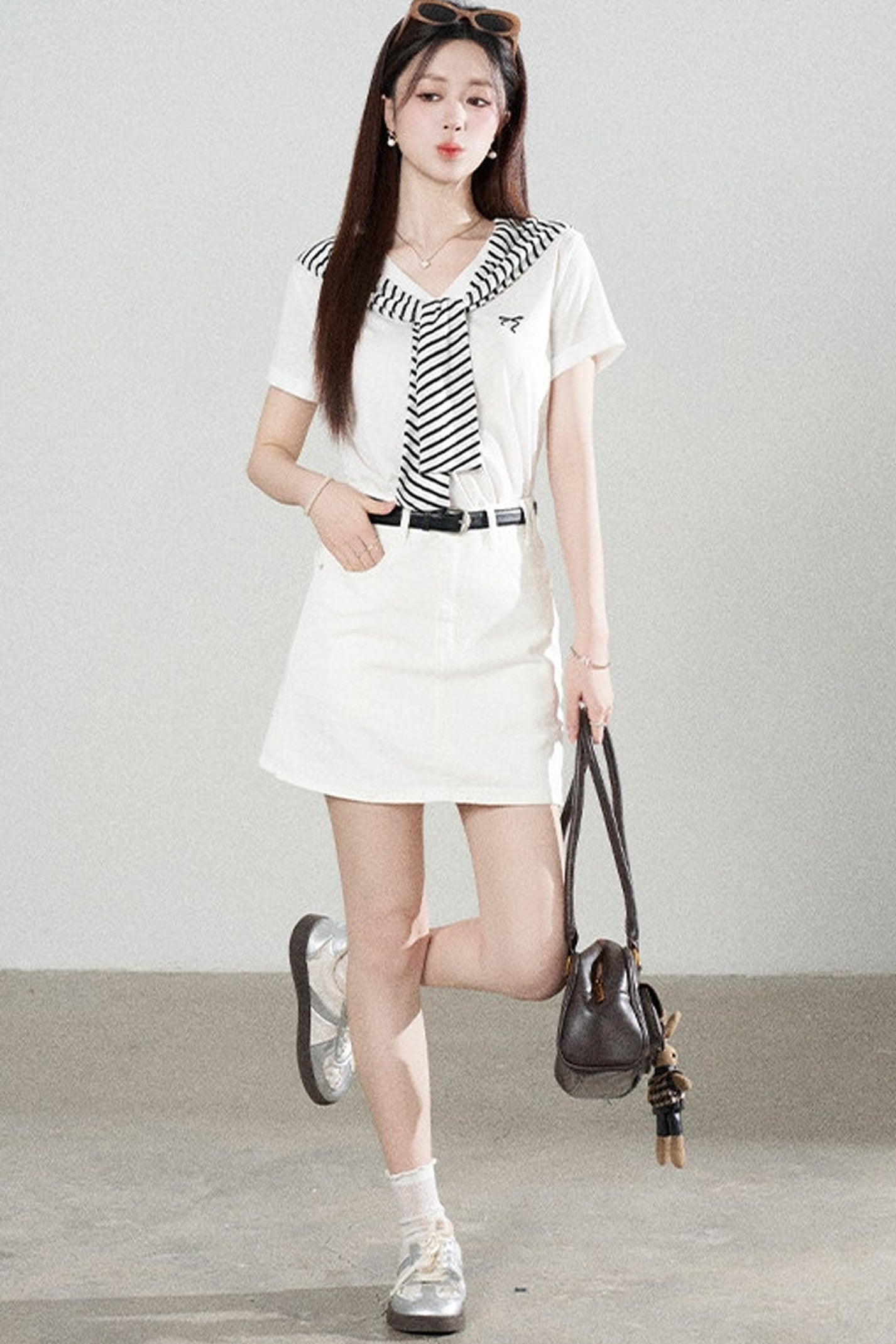 Loose Short-Sleeved Striped Shawl T-Shirt and Denim Skirt Set-Up