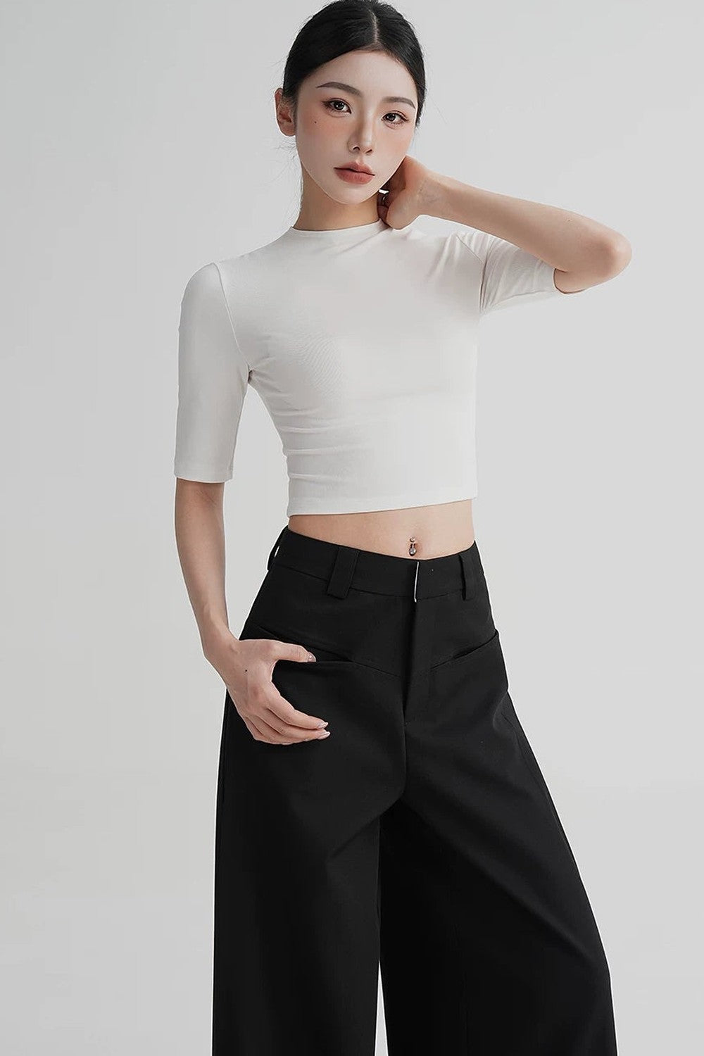 Cropped High Neck Short Sleeve Top