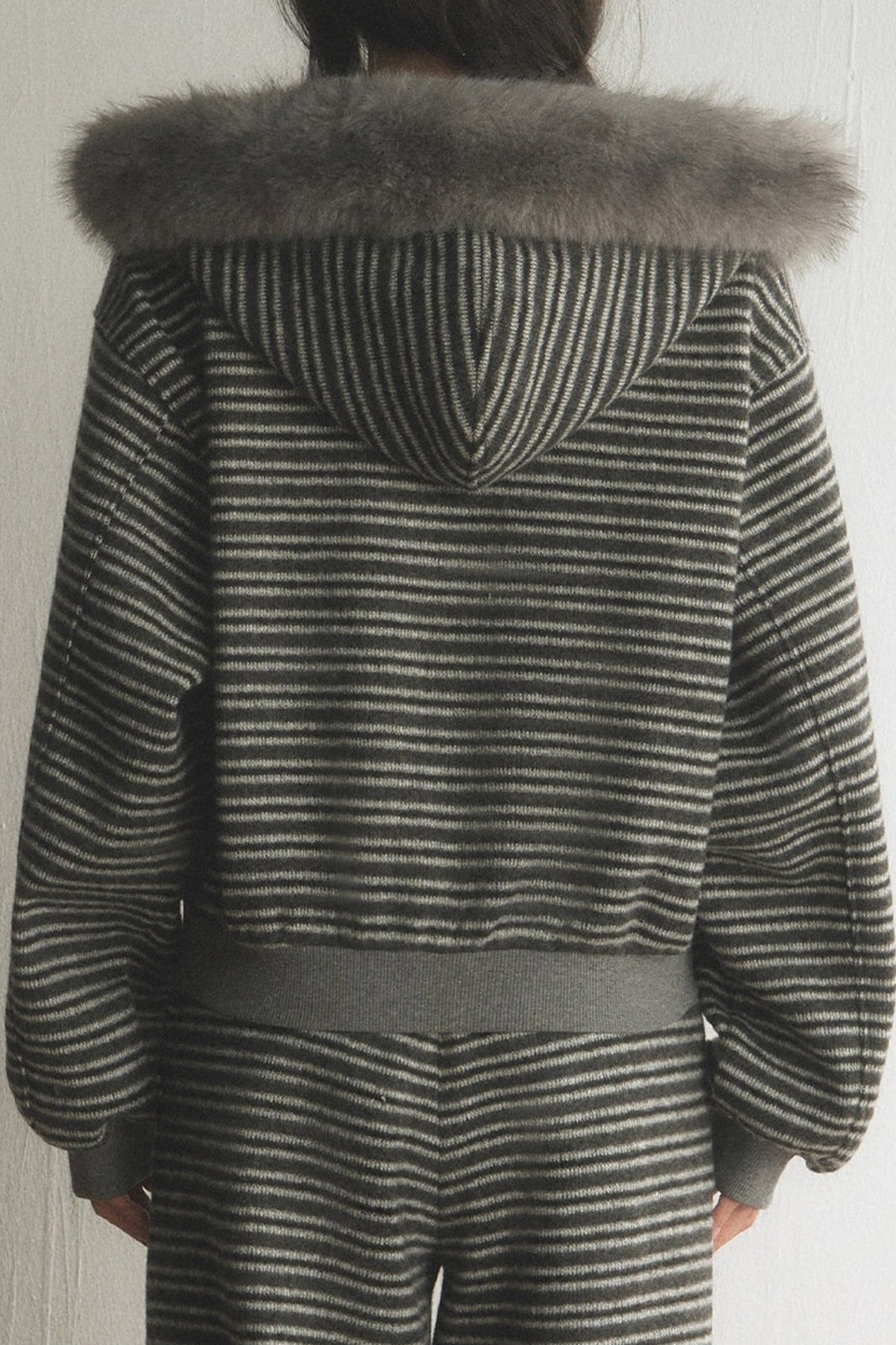 Striped Fur Collar Hooded Top and Pants Set-Up