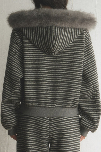Striped Fur Collar Hooded Top and Pants Set-Up