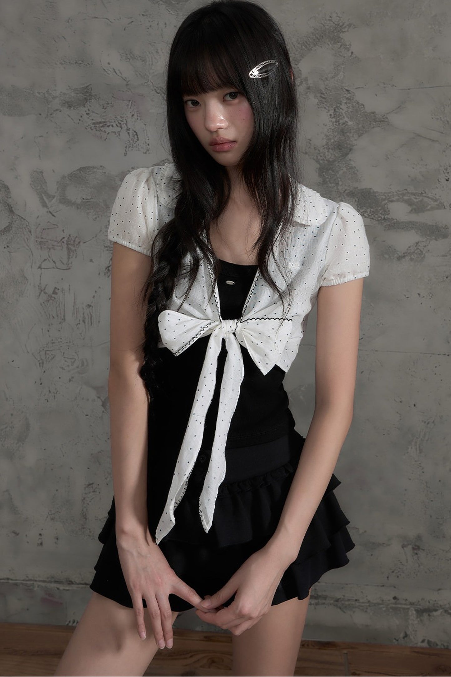 Polka Dot Bow Cardigan And Ruffle Skirt Set-Up