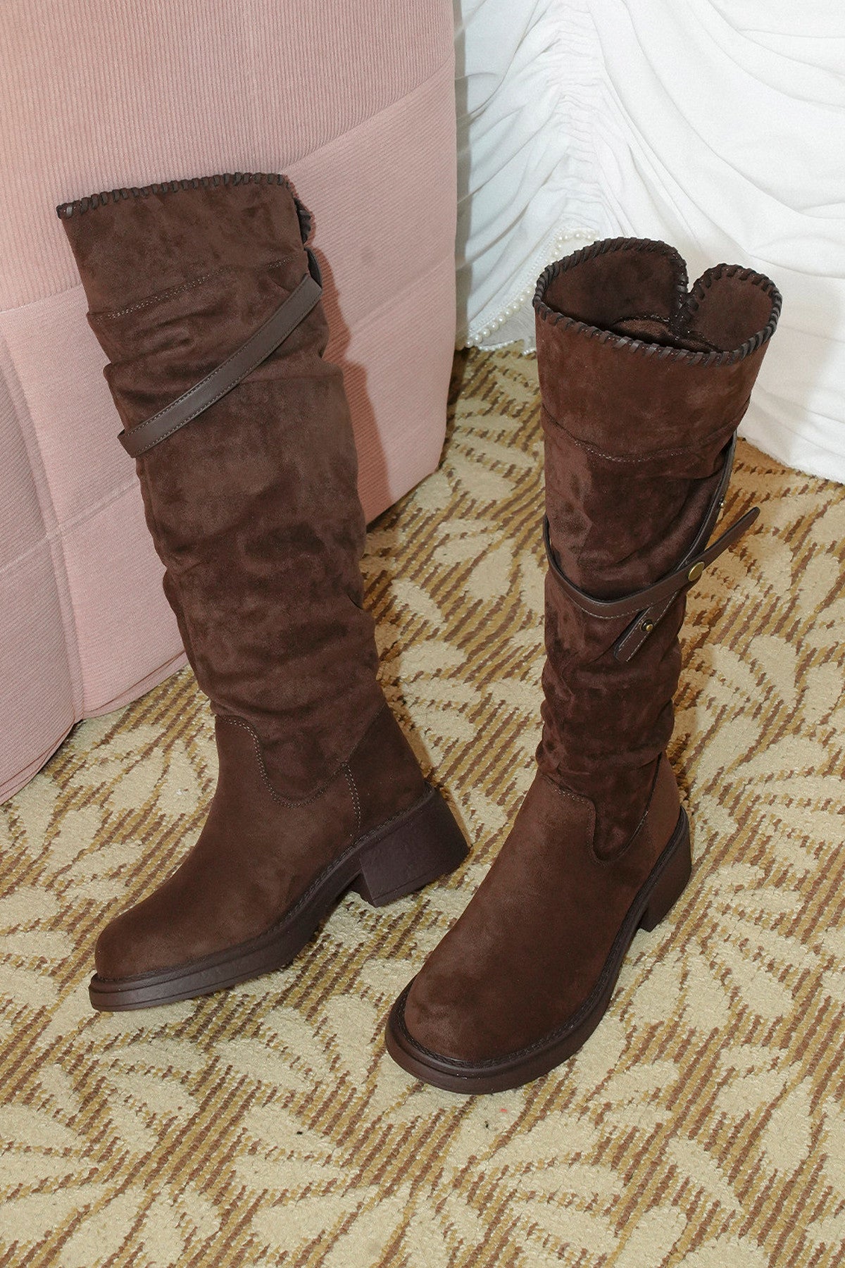 Retro Suede Slouchy Boots With Belt Buckle