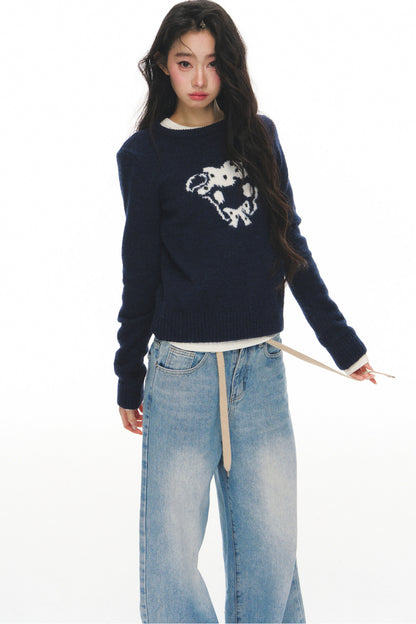 Navy Wool Jacquard Top and Pants Set-Up