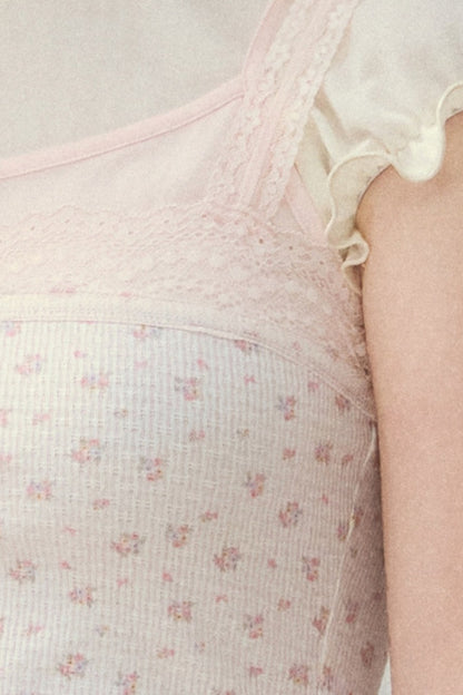 Floral Lace Strap Camisole And Puff Sleeve Top