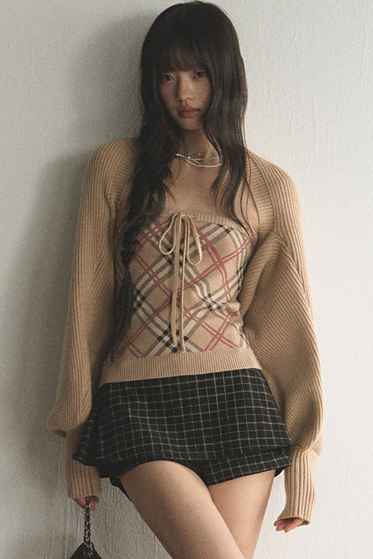 Retro Knitted Tube Top Short Cover-up and Pants Set-Up