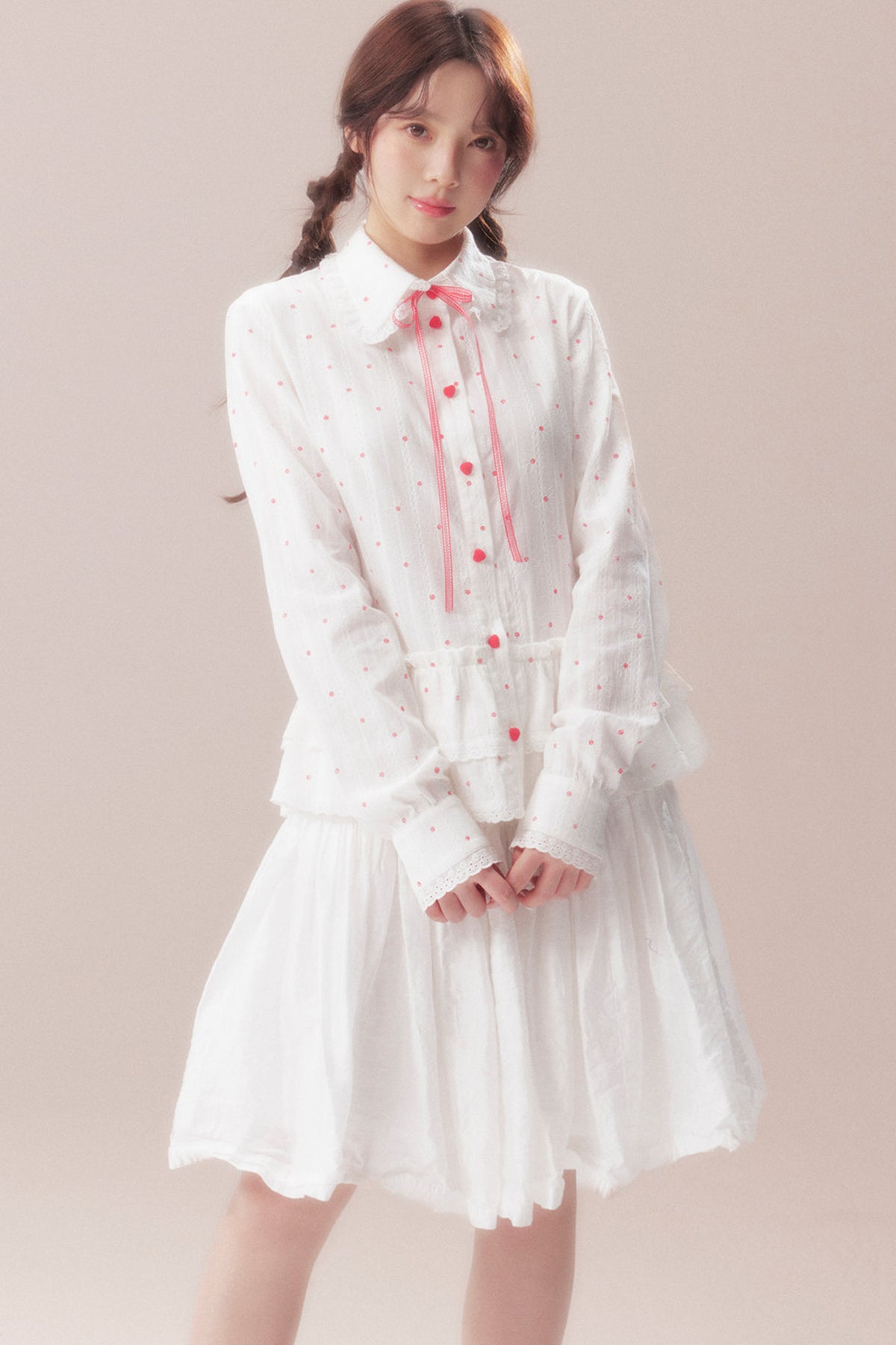 Bow Polka Dot Shirt and Skirt Set-Up