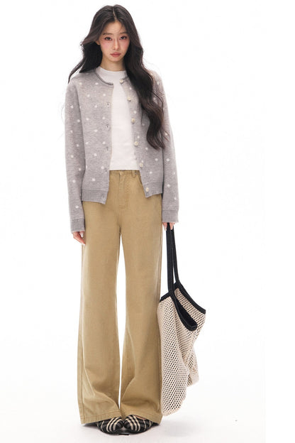 Gray Cardigan and Khaki Flared Jeans Set-Up