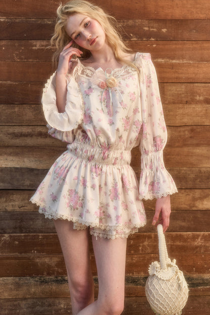 Floral Two-Piece Blouse and Shorts Set-Up