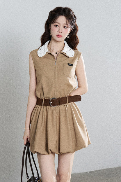 French Khaki Puff Dress