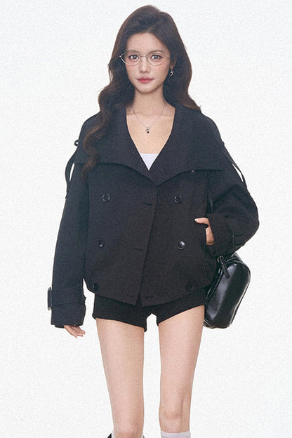 Vintage Double-Breasted Trench Coat and Cuffed Shorts Set-Up