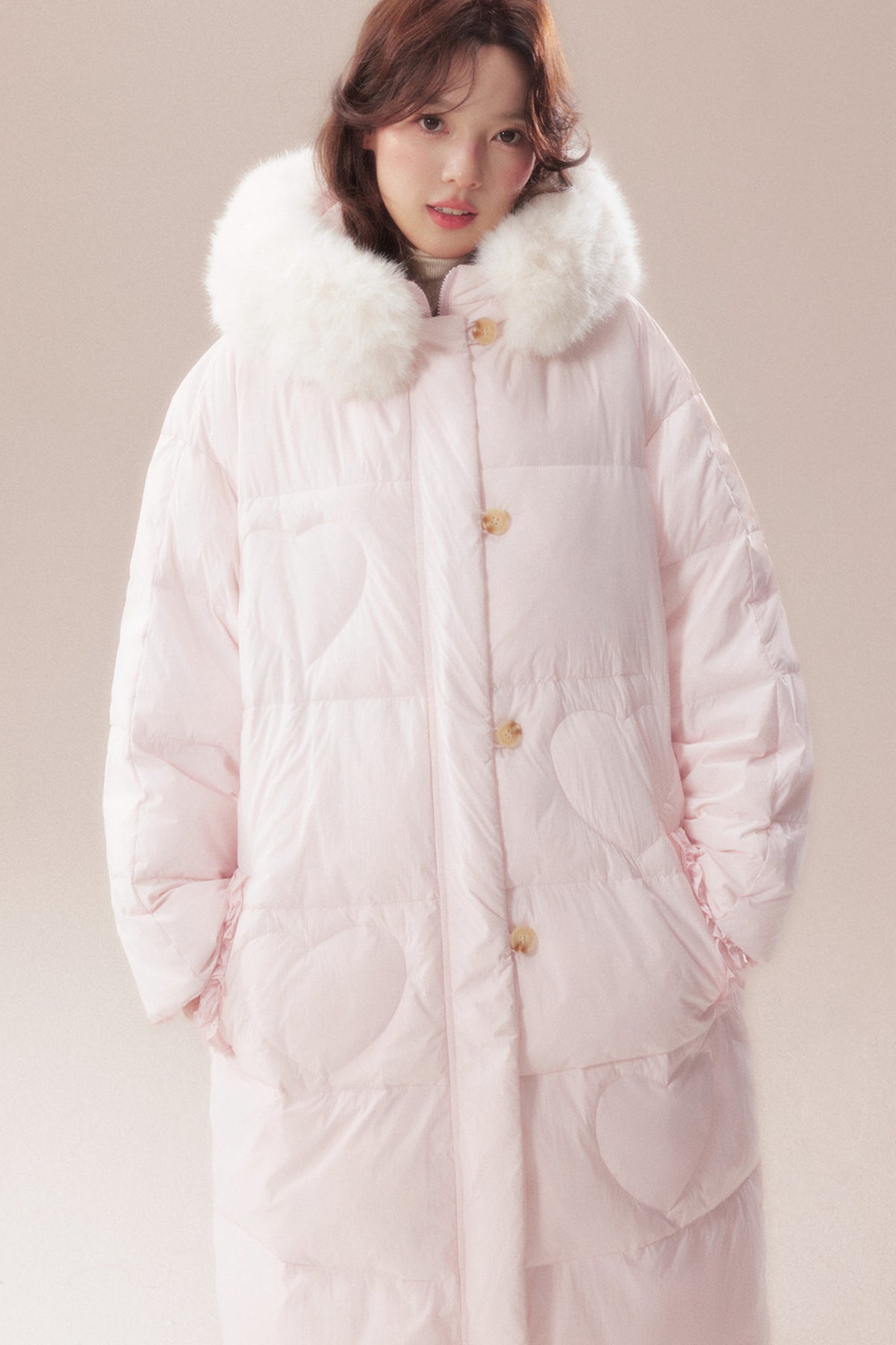 Long Heart Quilted Fur Collar Down Coat