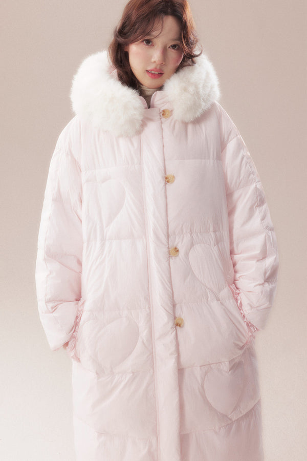 Long Heart Quilted Fur Collar Down Coat