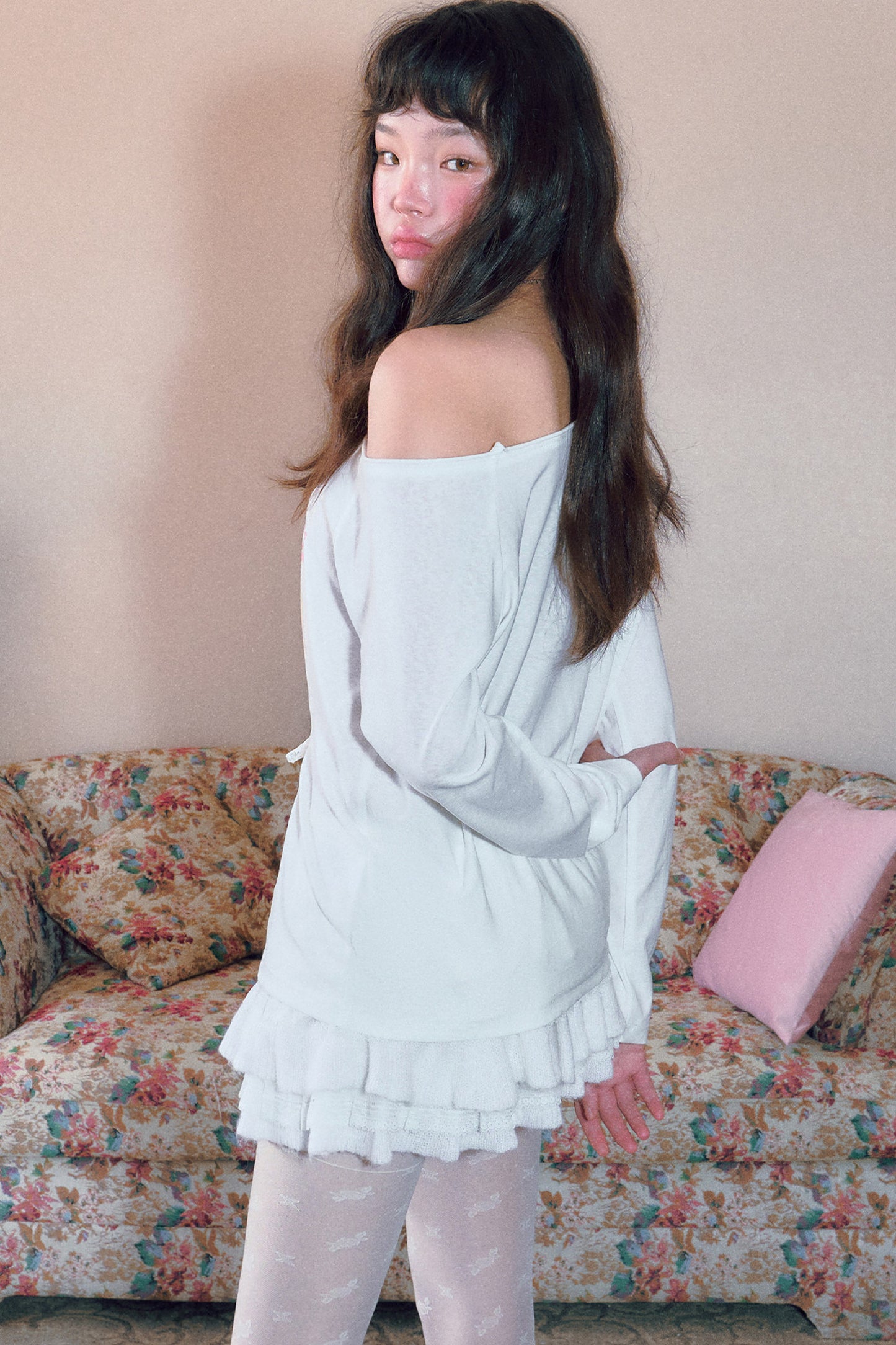 Floral Print Off-Shoulder Long-Sleeved Top and Skirt Set-Up