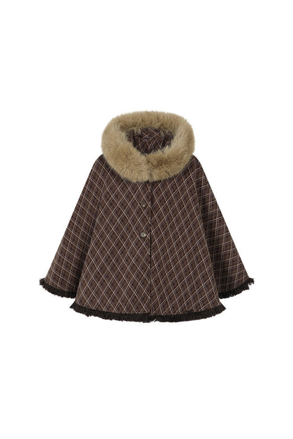 Plaid Fur Collar Hooded Shawl Cape