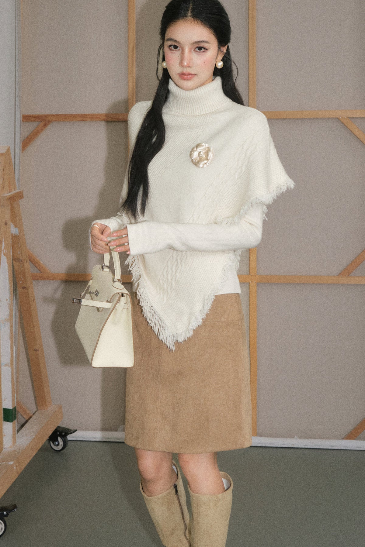 Cream White Tassel Cape Shawl Sweater and Skirt Set-Up