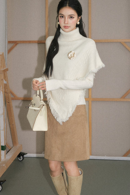 Cream White Tassel Cape Shawl Sweater and Skirt Set-Up