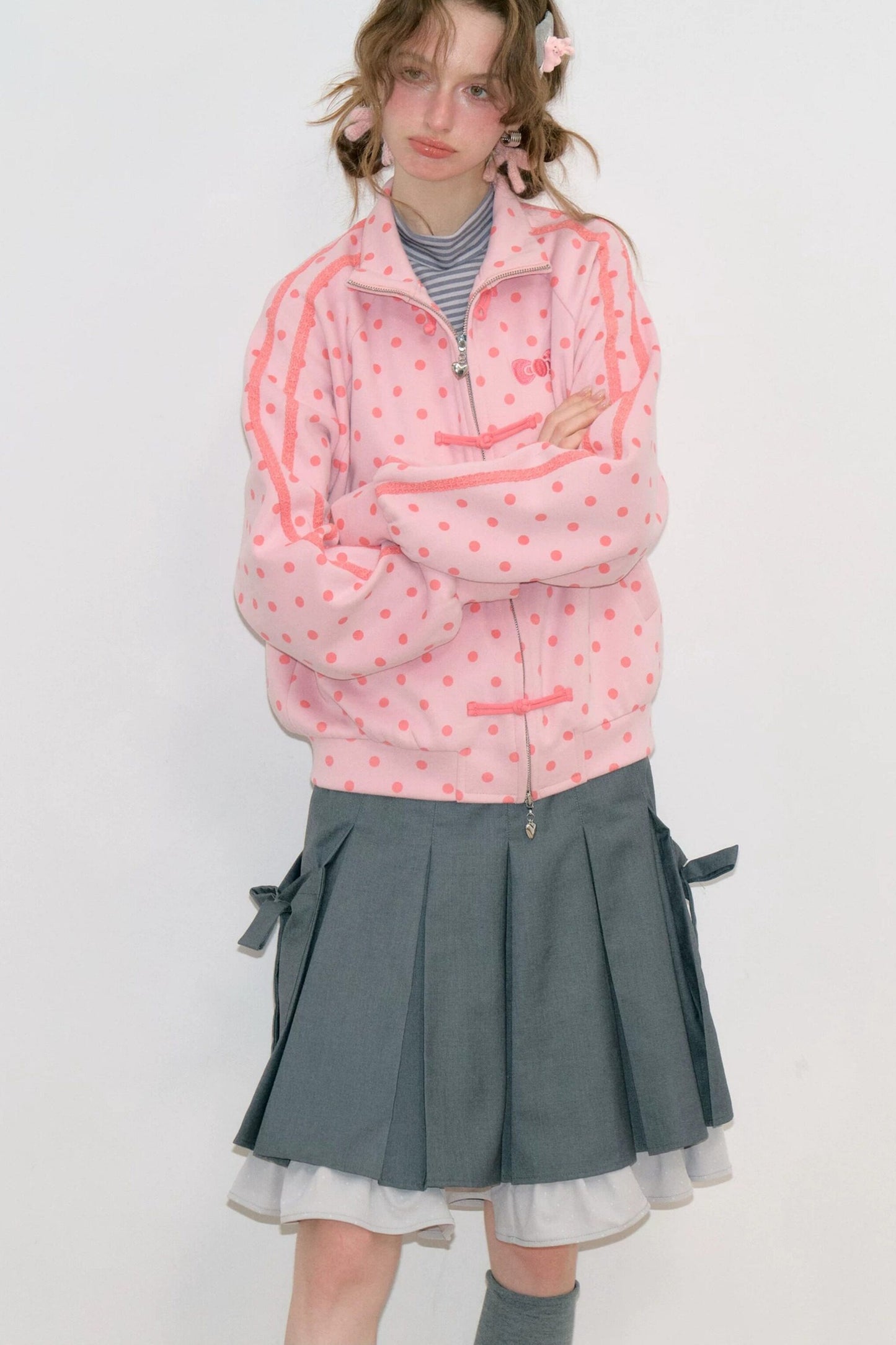 Blue Polka Dot Zipper Hoodie Jacket