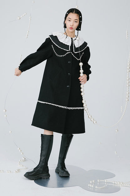 Black Pearl Lace Wool Coat