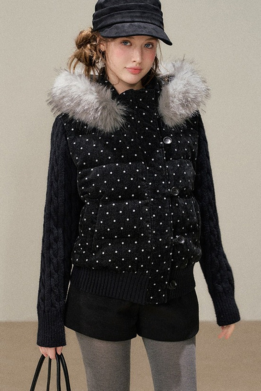 Black Chenille Polka Dot Hooded Down Jacket