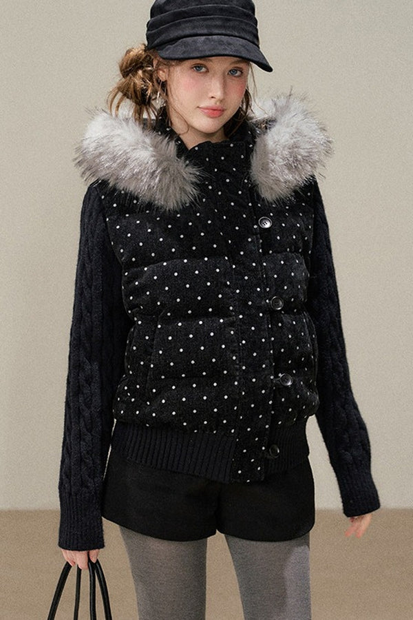 Black Chenille Polka Dot Hooded Down Jacket