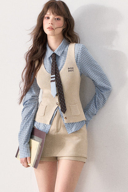 Blue Shirt and Knit Vest Skirt Set-Up