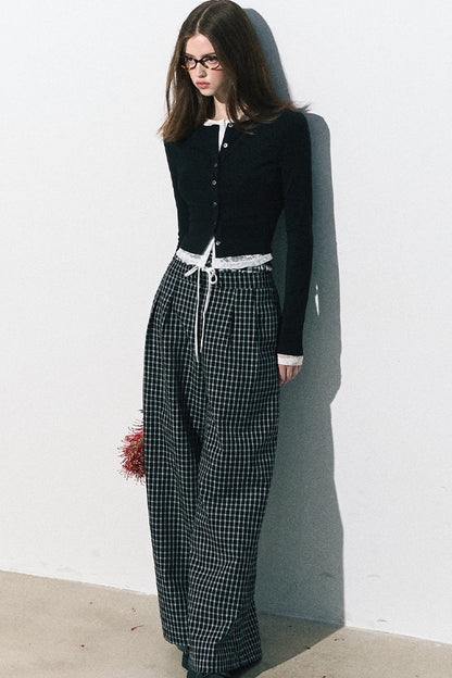 Drawstring Plaid Wide-Leg Pants