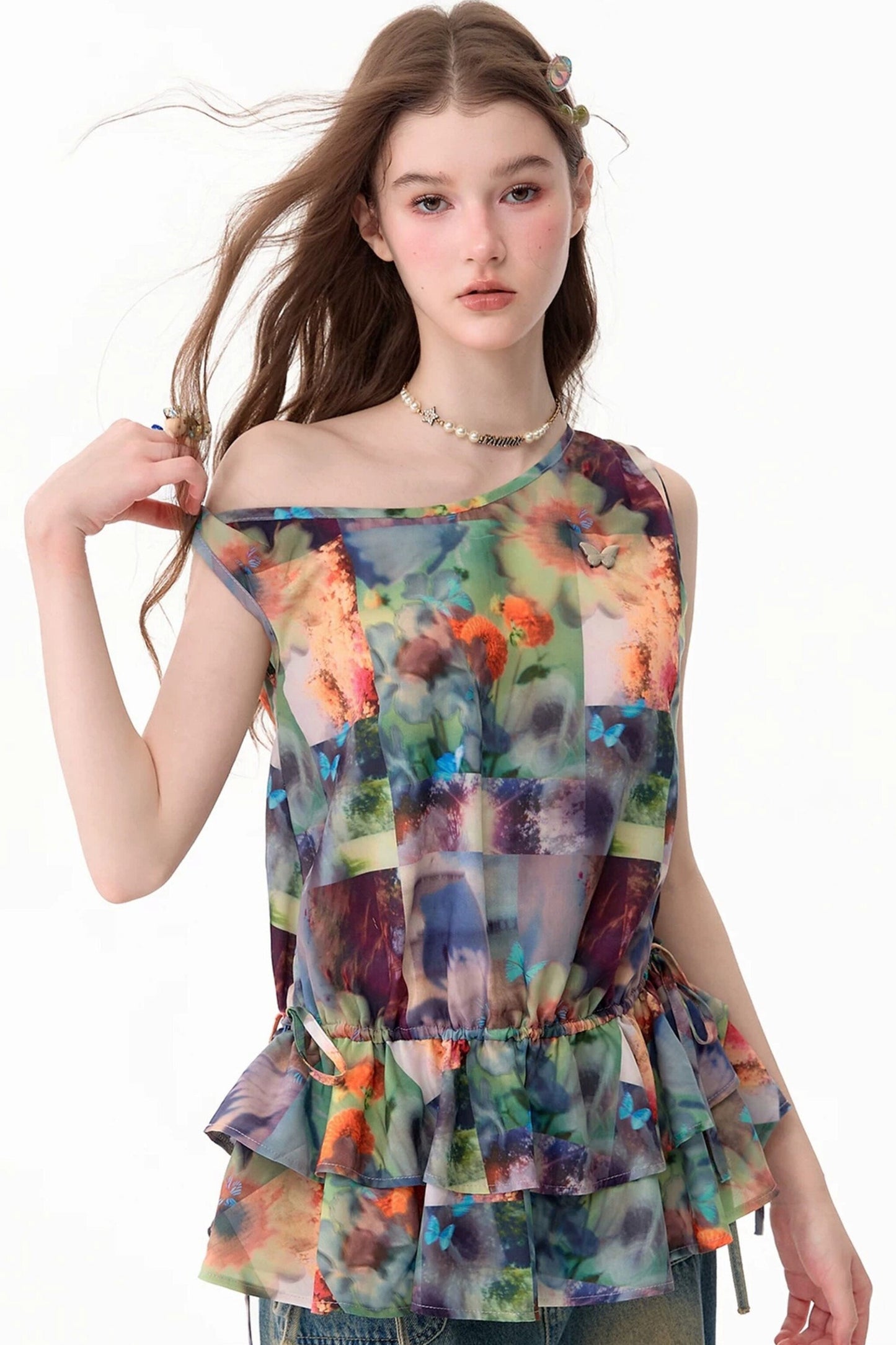 Sunflower Print Ruffle Hem Off-Shoulder Top