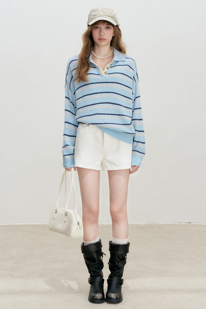 Striped Knit Pullover Polo Shirt