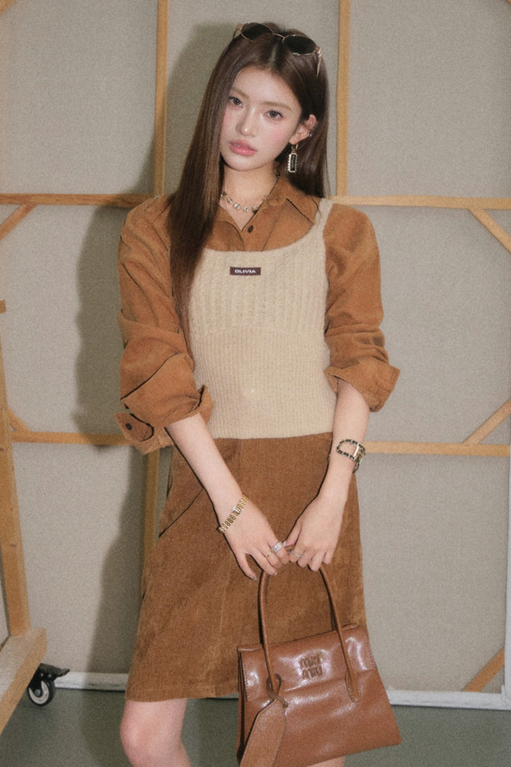 Brown Corduroy Jacket and Knit Vest Two-Piece Set-Up