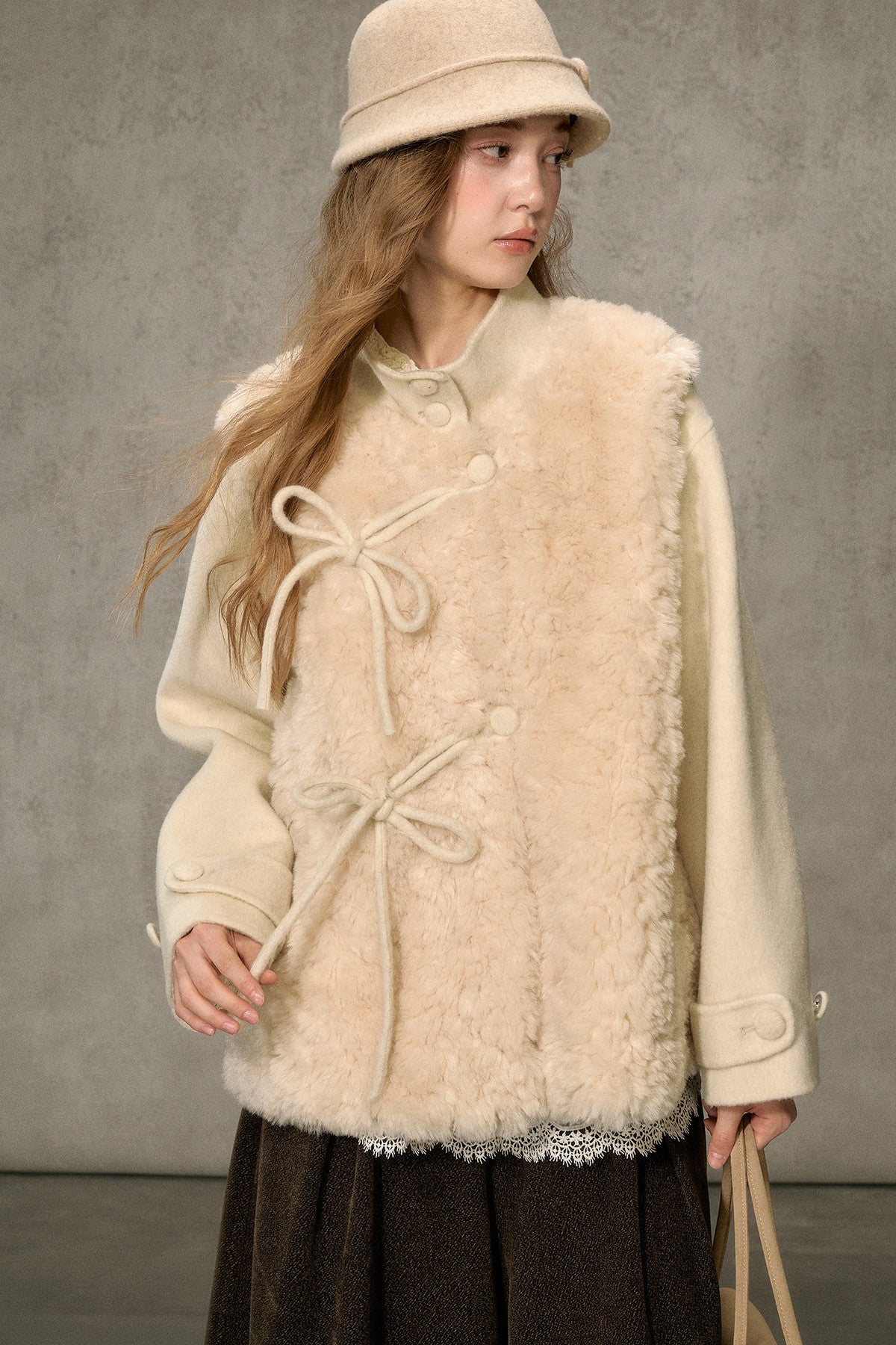 Fluffy Layered-Look Mid-Length Woolen Jacket