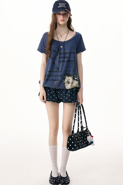 Dunkelblaue gepunktete Shorts mit hoher Taille