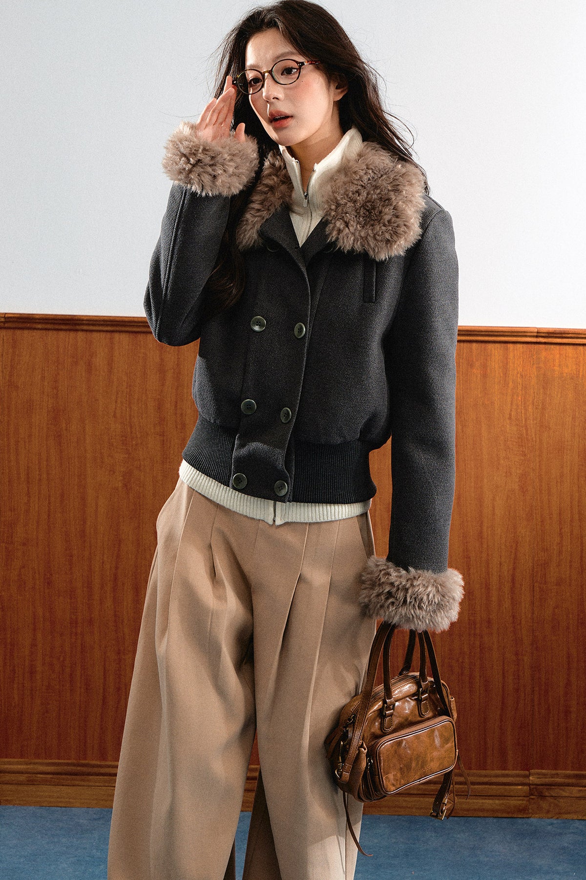 Double-Breasted Plush Fringe Jacket
