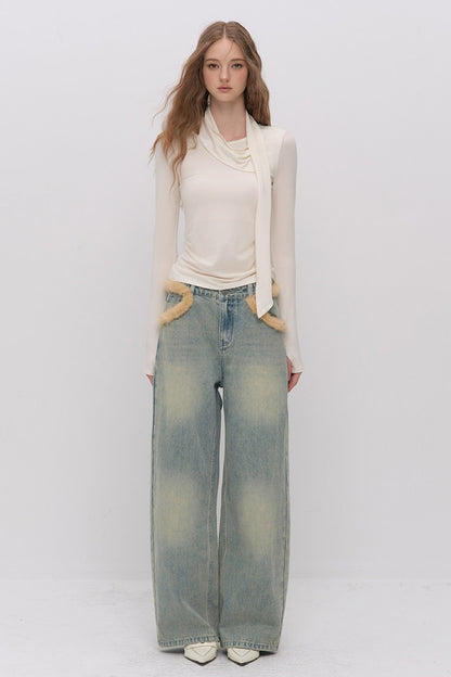 Irregular Ruched Halter Ribbon T-Shirt