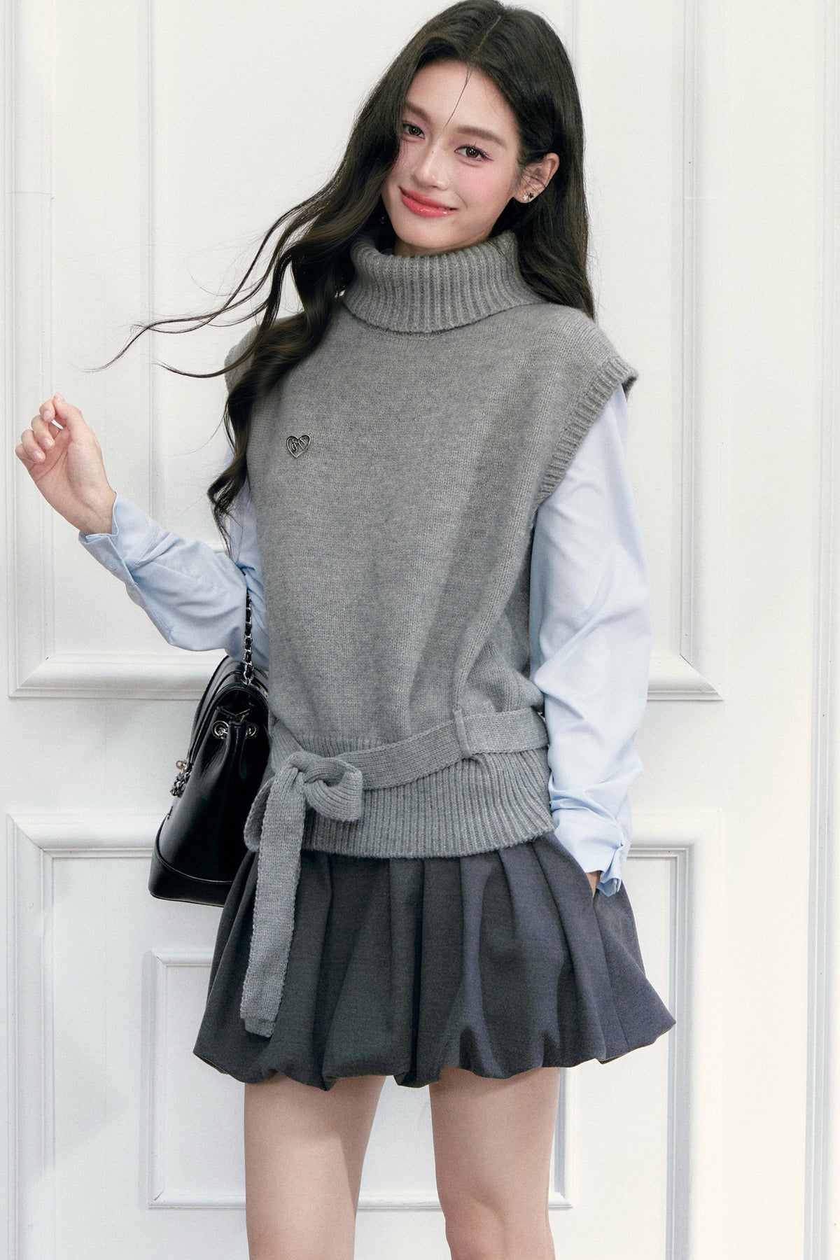 High-Neck Sleeveless Tie-Up Knit Vest