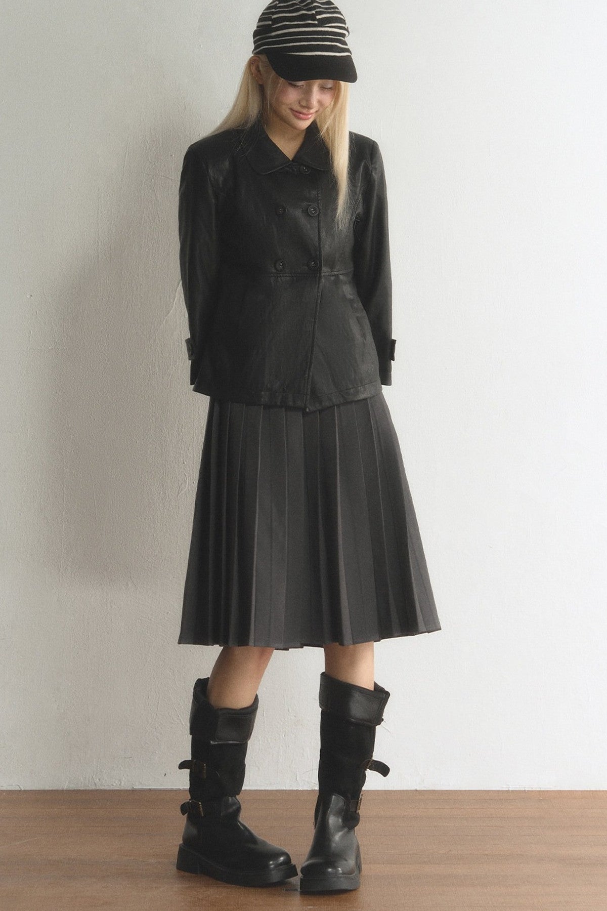 Black Double-Breasted PU Leather Top and Skirt Set-Up