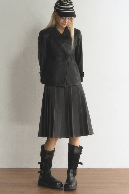 Black Double-Breasted PU Leather Top and Skirt Set-Up