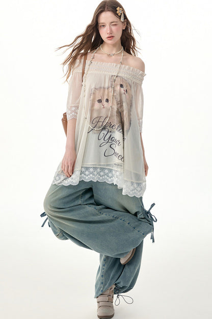 Cat Print Off-Shoulder Lace Trim Top