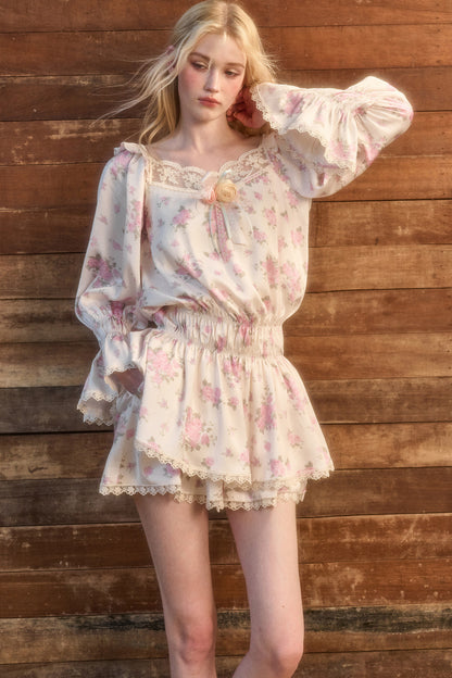 Floral Two-Piece Blouse and Shorts Set-Up