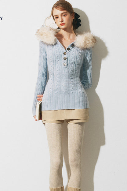 Zopfstrickpullover mit Pelzbesatz